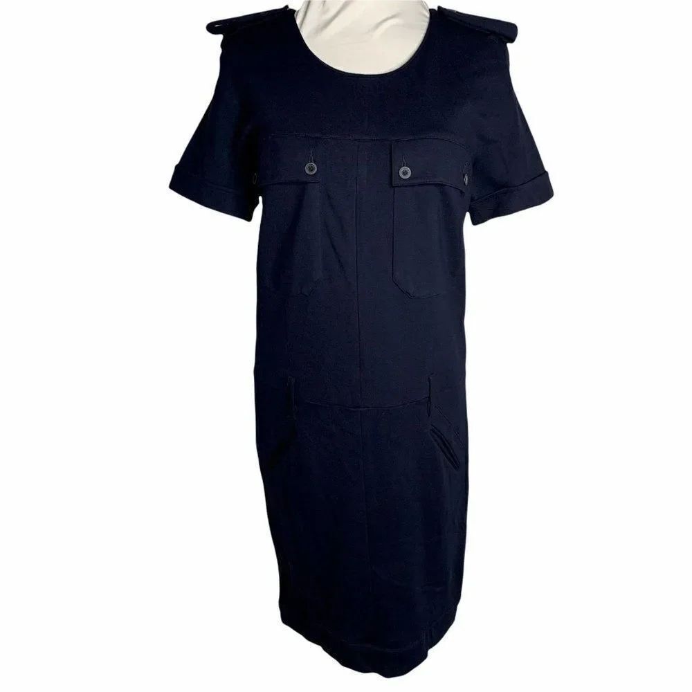 Vintage Karl Lagerfeld Midi Shift Dress M Navy Blue Pockets Stretch Military